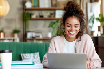 Smiling Woman Working on Laptop at Home