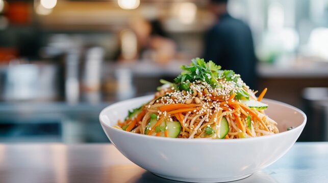A colorful bowl of cold sesame noodles with cucumbers, carrots, and peanut sauce, placed on a modern white ceramic dish with a bustling urban kitchen in the background