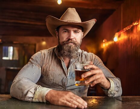 homem com barba e roupas sujas de poeira devido ao trabalho, com chap&eacute;u de cowboy em um bar estilo texano bebendo um copo de uisque