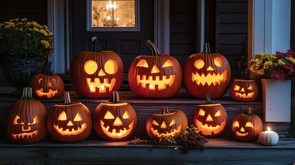 A collection of creatively carved pumpkins displayed on a porch, illuminated by candlelight at night