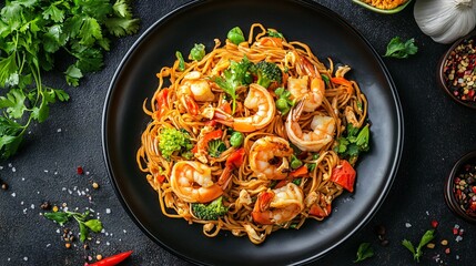 A flat lay of Singapore street noodles with a mix of shrimp, chicken, and vegetables, placed on a sleek black plate with a bustling street food background