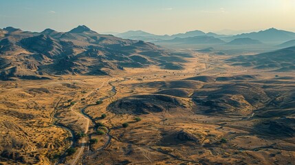 Viewed from above, the desert terrain is made up of rocky, desolate mountains and dry, grassy plains. 