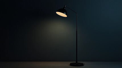 A sleek black floor lamp casting warm light in a minimalist room with dark walls at night