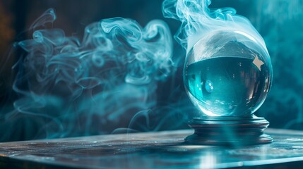 Futuristic crystal ball on a table with flowing smoke against a dark background. Space provided for adding text about predictions of the future.