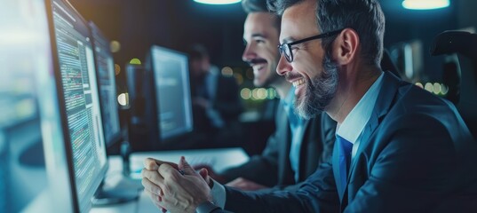 Fototapeta premium Executive partners collaborating on digital strategy in a corporate environment