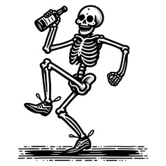 skeleton, dancing with alcohol bottle, symbolizing fun and celebration sketch engraving generative ai fictional character PNG illustration. Scratch board imitation. Black and white image.