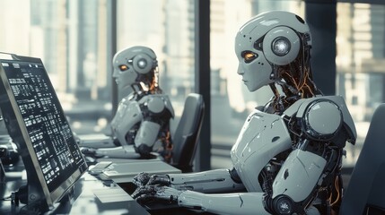 Fototapeta premium Human and robot collaboration in a futuristic office setting with advanced AI technology