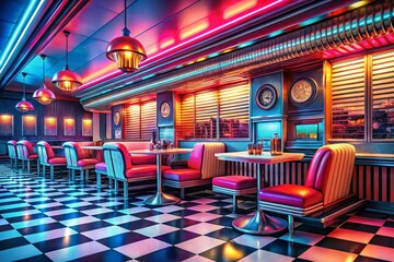 Nostalgic Retro 50s Diner Artwork Featuring Classic Decor, Neon Lights, and Vintage Style Elements