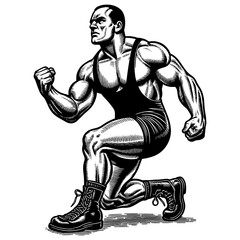 Fototapeta premium strong wrestler in a kneeling power pose, muscular physique and intense focus sketch engraving generative ai fictional character PNG illustration. Scratch board imitation. Black and white image.