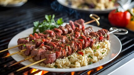 Shish kebab BBQ meat with onions and tomatoes. Meat kebab on skewers on a barbecue grill with vegetables. Grilled kebab.