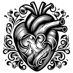 Fototapeta premium ornate heart with intricate swirls and patterns sketch engraving generative ai fictional character PNG illustration. Scratch board imitation. Black and white image.