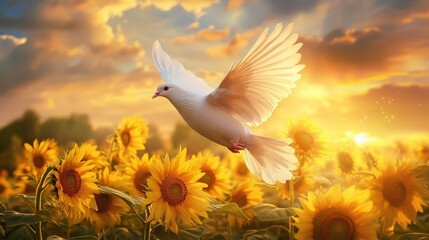 Obraz premium White dove gracefully flying over a sunflower meadow bathed in warm golden light