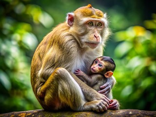 Fototapeta premium Nurturing Moment: Monkey Foster Mom Caring for Adorable Baby Monkey in a Natural Habitat Setting