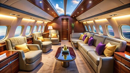 Fototapeta premium Opulent Interior of a Luxury Private Jet Featuring Plush Seating and Elegant Design Elements