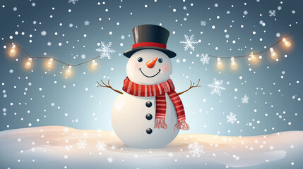 Fototapeta premium A cheerful snowman wearing a scarf and top hat, surrounded by twinkling Christmas lights and snowflakes falling gently, Snowman, vector style
