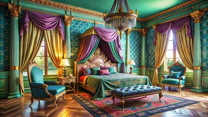Opulent Royal Bedroom with Luxurious Canopy Bed, Elegant Drapes, and Lavish Decor for Relaxation
