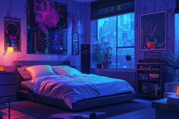 Cozy bedroom with neon decor and city skyline view at night
