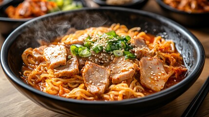 Fototapeta premium A steaming bowl of Korean kimchi noodles with slices of pork and sesame seeds, served on a rustic wooden table with a colorful Korean market backdrop