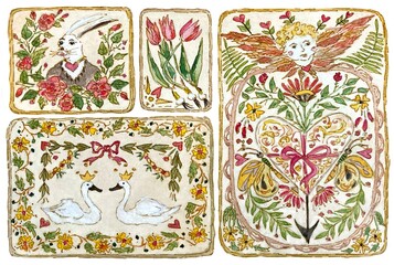 Vintage postcards with angel, flowers and swans