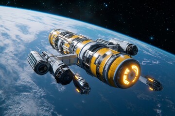 A 3D-rendered space station orbiting a distant exoplanet, with detailed modules and spacecraft docking in a high-tech environment