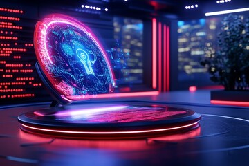 A 3D-visualization of a futuristic e-learning platform, with interactive holograms and AI-driven content guiding the learning process