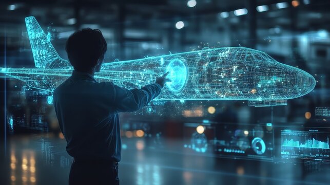 An aerospace engineer visualizes a holographic airplane design in a high-tech laboratory, showcasing innovative technology and engineering concepts during late evening hours