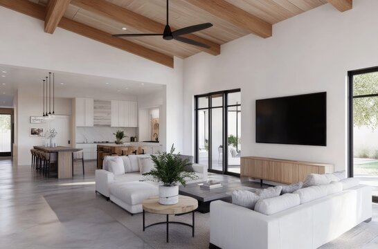 Modern living room and kitchen design featuring open space and natural light in a contemporary home