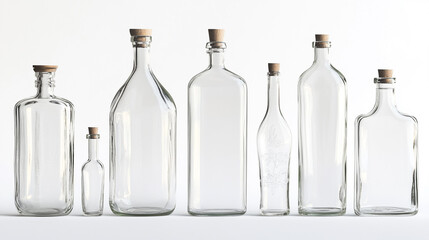 A collection of glass bottles with wooden stoppers arranged on a light background