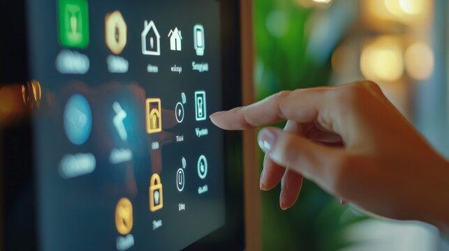 A close-up of a person setting the home security system on a smart touchscreen panel,