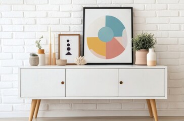 Modern decorative arrangement featuring colorful art and clean furniture in a bright interior space