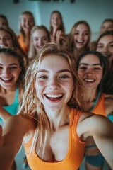 Obraz premium Group of friends taking a selfie after workout session