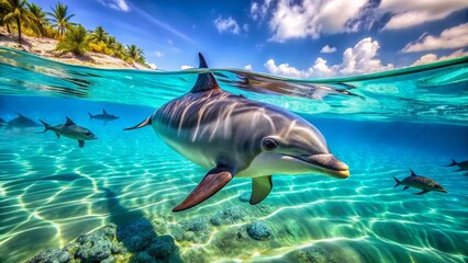 Obraz premium Playful and Adorable Dolphin Swimming in Crystal Clear Ocean Waters, Captivating Marine Life Scene