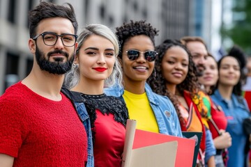 A diverse group of activists holding signs at a rally, representing different social justice causes and ethnicities