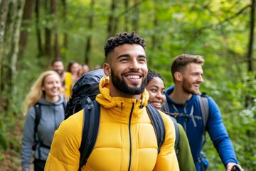 A diverse group of friends hiking through a forest, each person representing different cultures and backgrounds, enjoying a shared experience