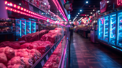 Obraz premium Meat aisle with various cuts displayed in a refrigerated grocery section. close-up of a meat fridge in a grocery store filled with various cuts of fresh meat various cuts of beef, pork and other meats