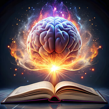 Concept art of a human brain exploding with knowledge and creativity