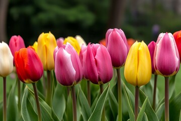 A field of tulips in various colors, showcasing the beauty of springtime blooms