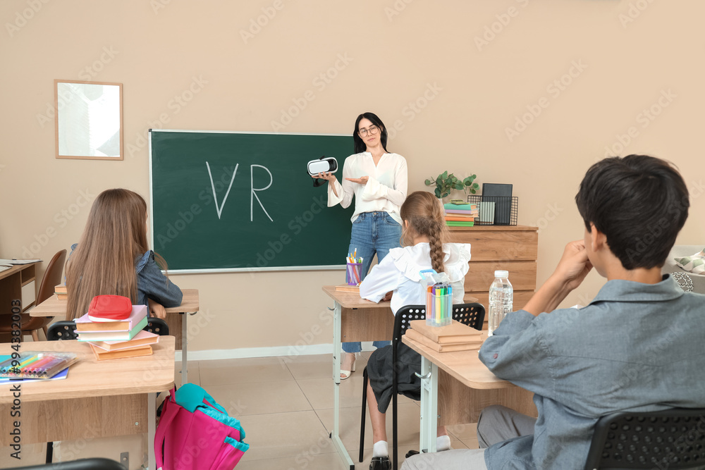 Poster Female teacher with VR glasses conducting lesson to pupils in classroom