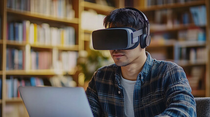 Man at home using virtual reality technology with vr goggles and laptop computer