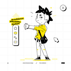 School Vector Character in Anime Style. Black Yellow Variant. The Young Boy is Staying and Warming Up. He is Looking at Us