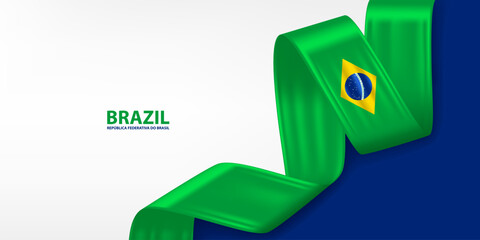Brazil 3D ribbon flag. Bent waving 3D flag in colors of the Brazil national flag. National flag background design.