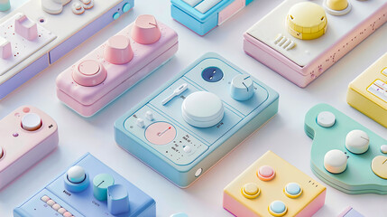 A bunch of different colored controllers sitting on top of each other