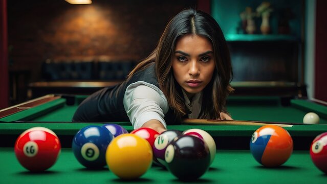 Young brazilian woman placing colorful pyramid of billar