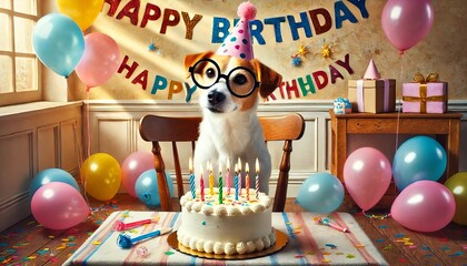 happy birthday dog siting on a chair wearing glasses and a cake on table