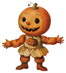 PNG Halloween pumpkin man toy halloween character vintage.