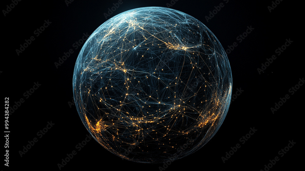 Aufkleber visual representation of a networked globe illuminated by bright connections in dark space