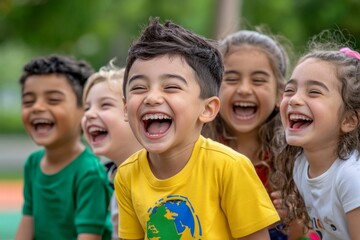 Fototapeta premium A group of children from different nationalities playing together in a park, laughing and having fun, representing global unity