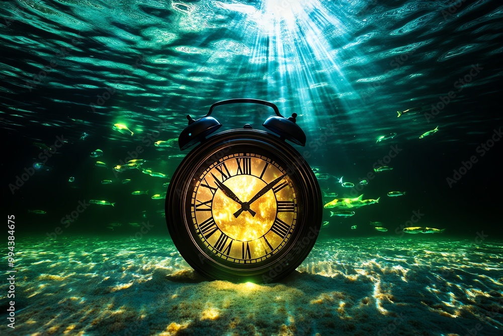 Poster a clock submerged in an underwater city, with glowing fish swimming around it. the water is illumina