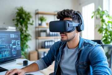A home office with a virtual reality work setup, where a person interacts with 3D data while working from home