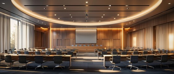 A modern conference room featuring wooden accents, ample seating, and natural light, ideal for meetings and presentations.